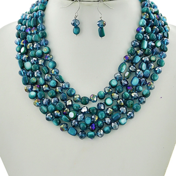 custume jewelry Flush Jewelry - Five Strand Multi Teal Green Necklace Earring set